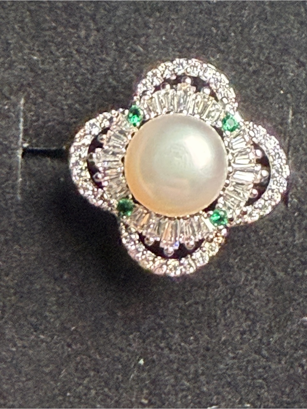 Cultured Pearl and Crystal Floral Statement Ring - White Pearl, Green Accents